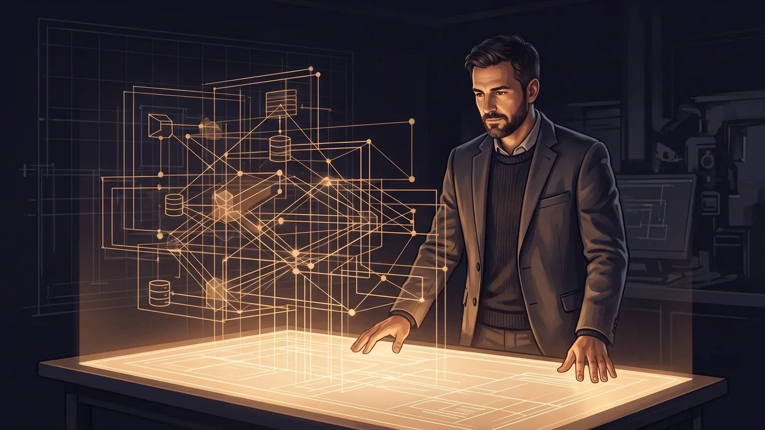 A software architect stands at a glowing drafting table, shaping a luminous amber blueprint of interconnected systems and databases that rises into the dark.