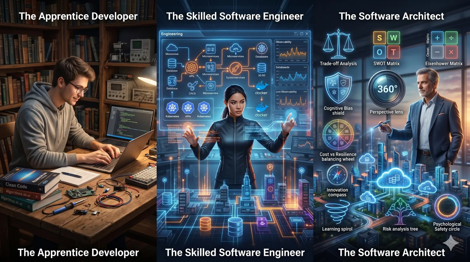 The same figure shown at three stages of growth along a rising path: an apprentice developer at a single laptop, a skilled software engineer working across several screens, and a software architect standing before a city-scale system diagram.