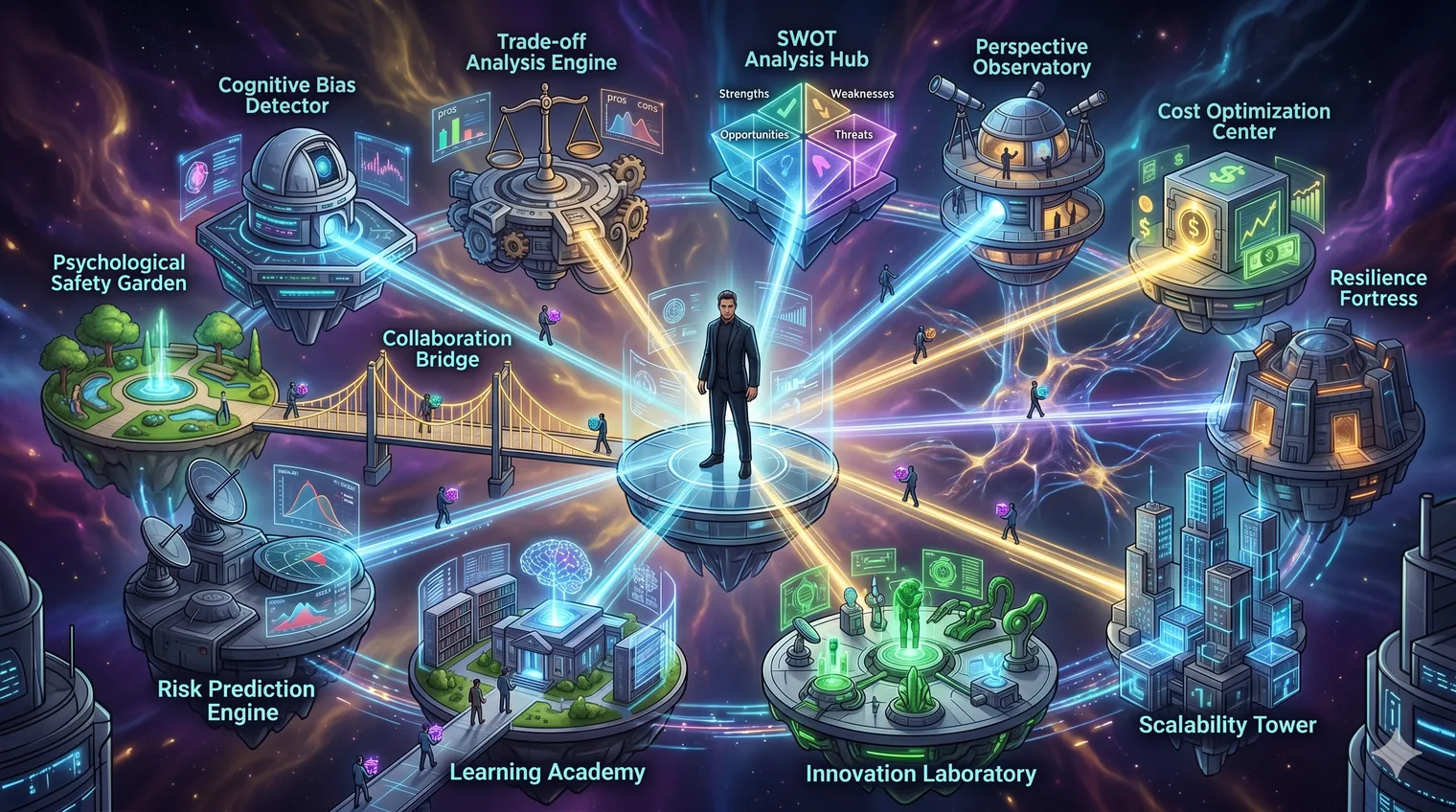 An architect on a central platform with light-beams radiating out to labelled model-islands: a cognitive bias detector, a trade-off analysis engine, a SWOT analysis hub, a perspective observatory, a resilience fortress, a risk prediction engine, a learning academy, and a psychological safety garden.