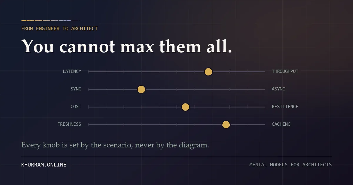 Four trade-off dimensions drawn as equalizer sliders, latency against throughput, sync against async, cost against resilience, and freshness against caching, each knob set at a different position under the heading you cannot max them all.