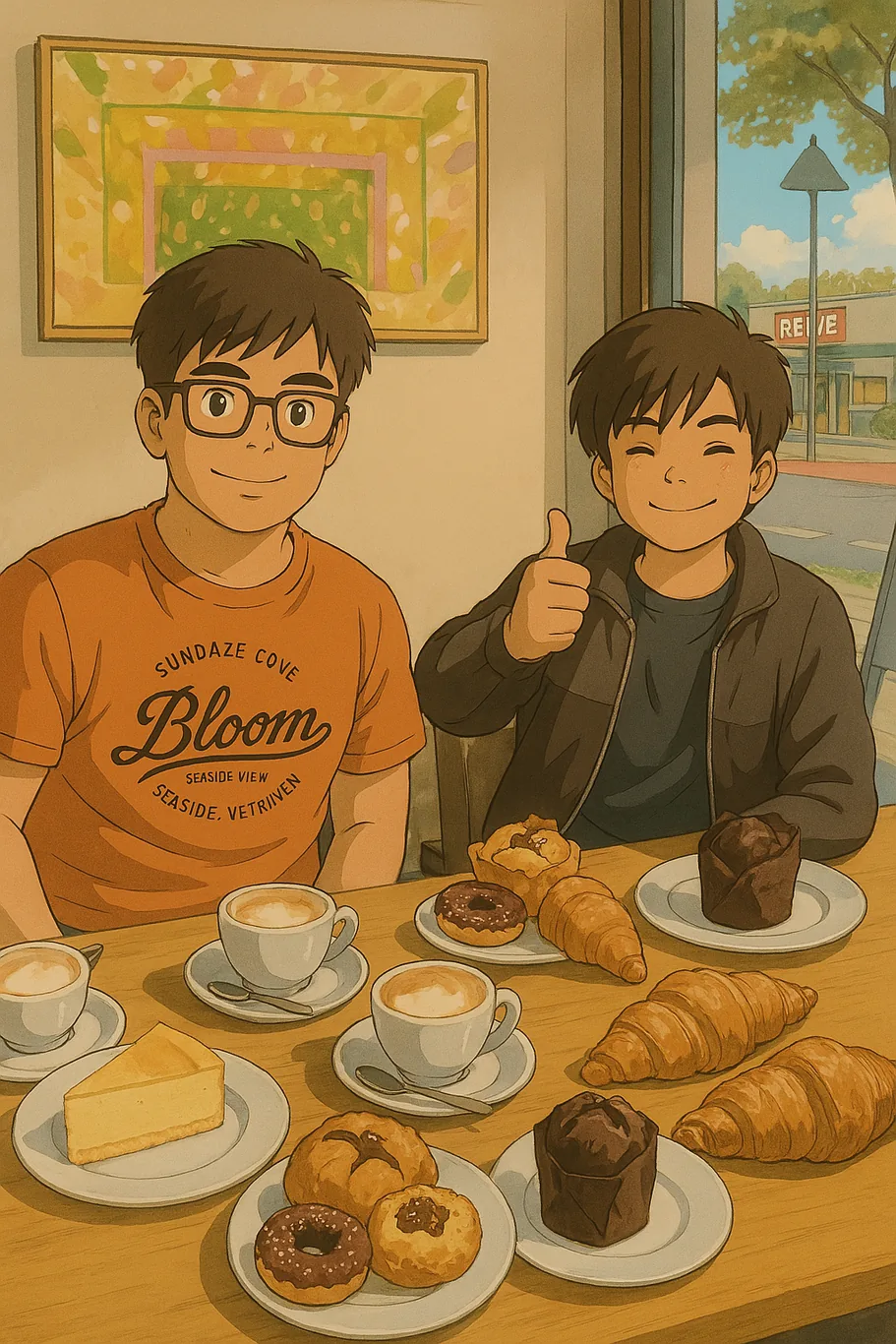 An illustrated scene of Khurram's sons Danish and Harris at a cafe table, one giving a thumbs up.