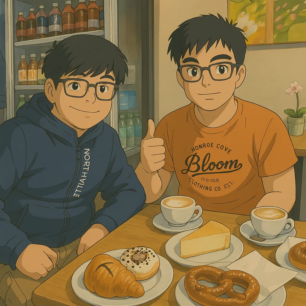 An illustrated cafe scene with Khurram's sons over coffee and pastries.