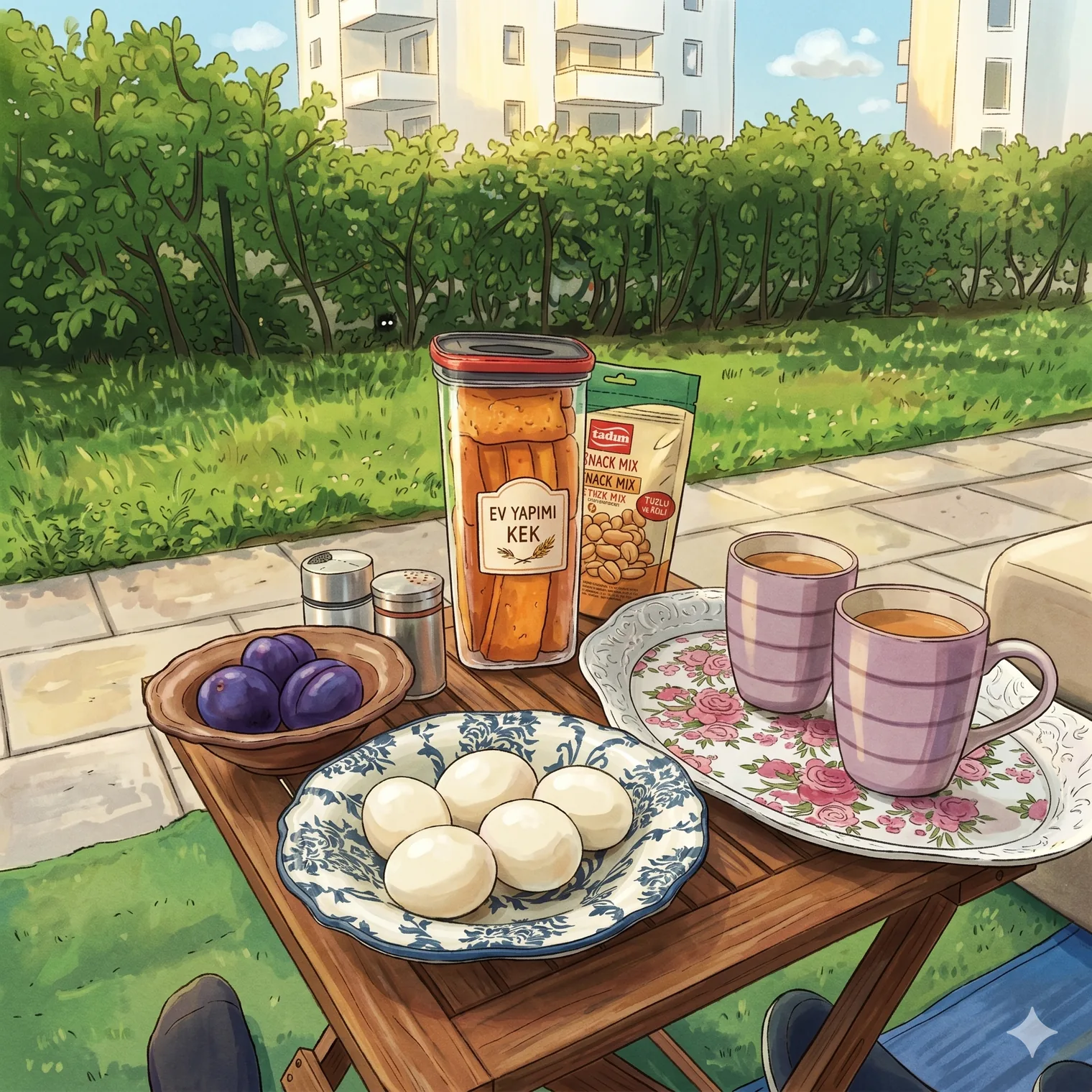 An illustration of an evening tea spread on a folding table in a garden: two cups of chai, a bowl of boiled eggs, a jar of homemade cake, a bowl of plums, and a packet of snacks, with a green hedge and apartment buildings behind.