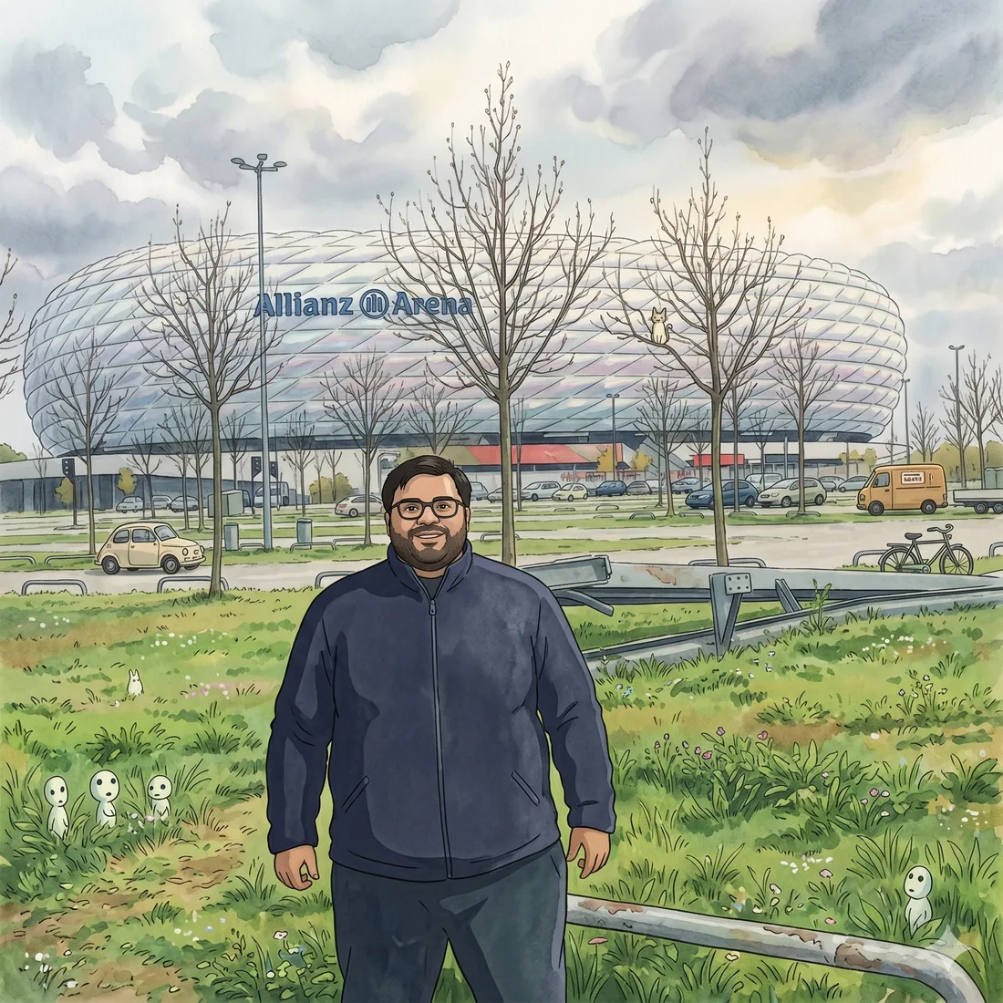 Khurram standing in a grassy field in front of the Allianz Arena in Munich on an overcast winter day