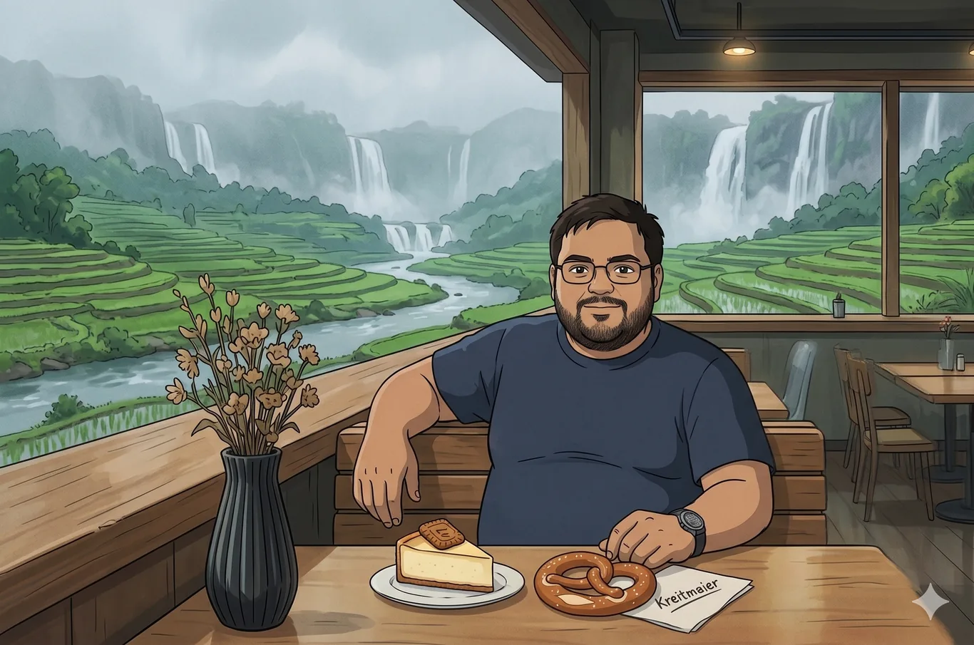 An illustrated scene of Khurram at a German cafe with a pretzel and a slice of cheesecake, green terraces beyond the window.
