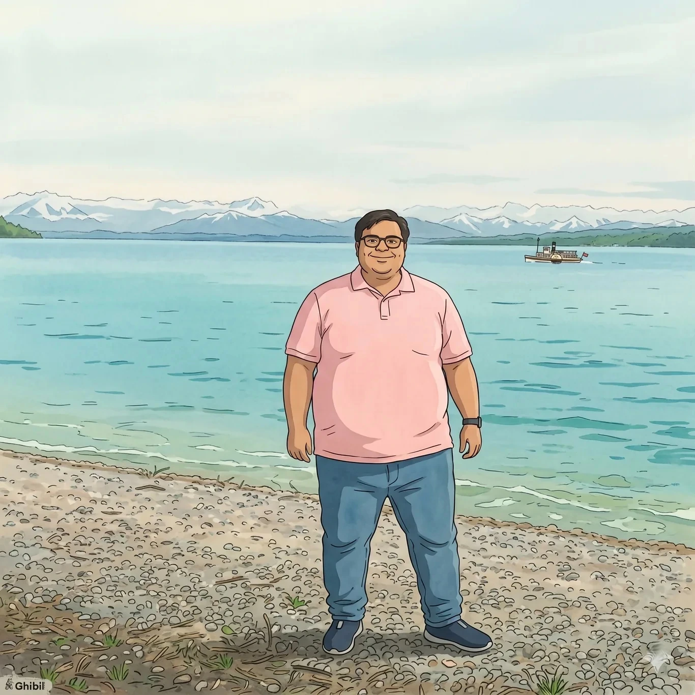 An illustrated scene of Khurram by a Bavarian lake near Munich, snowy peaks and a small steamboat behind him.