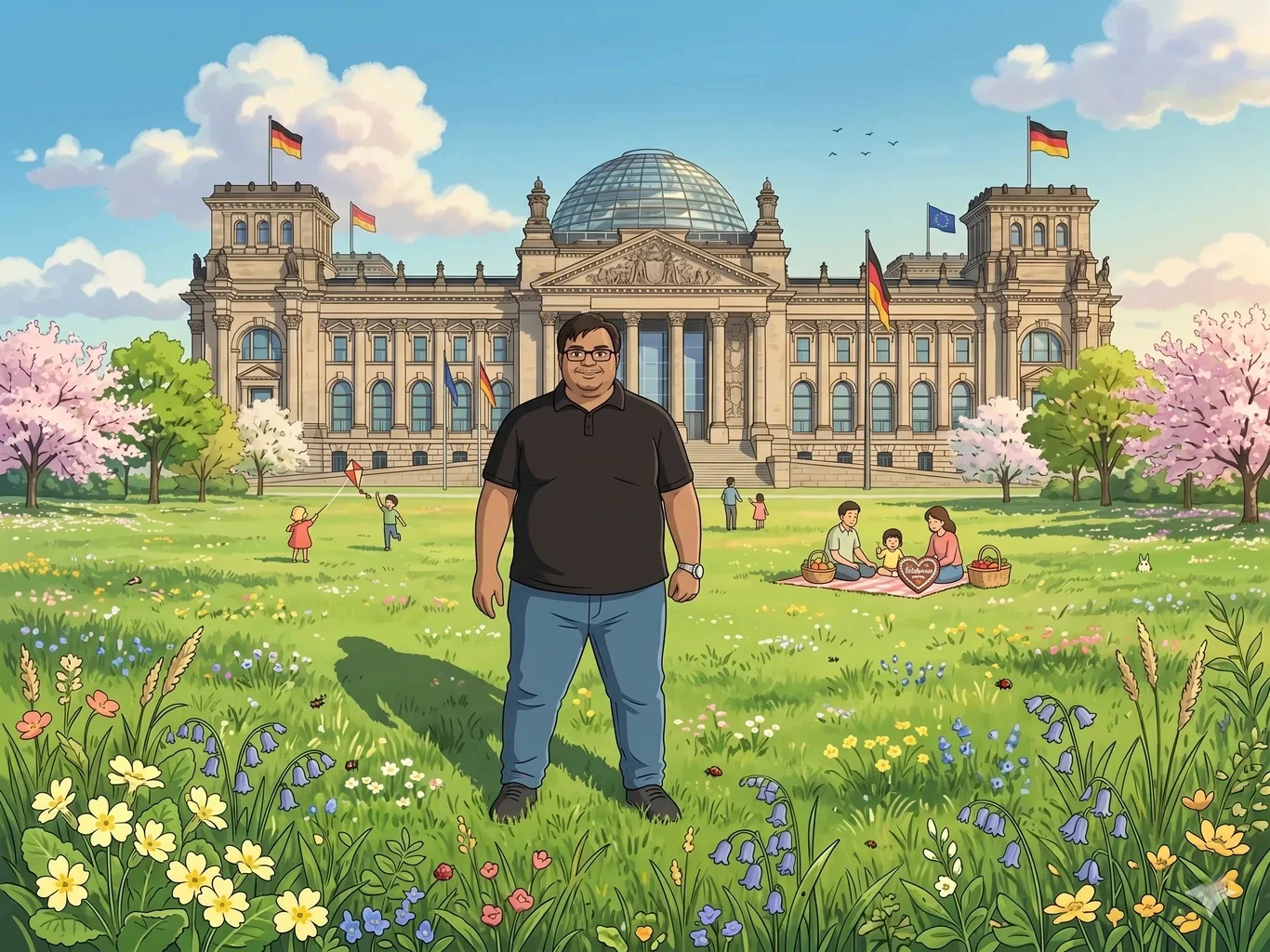 An illustrated scene of Khurram in front of the Reichstag in Berlin, cherry blossoms around him.