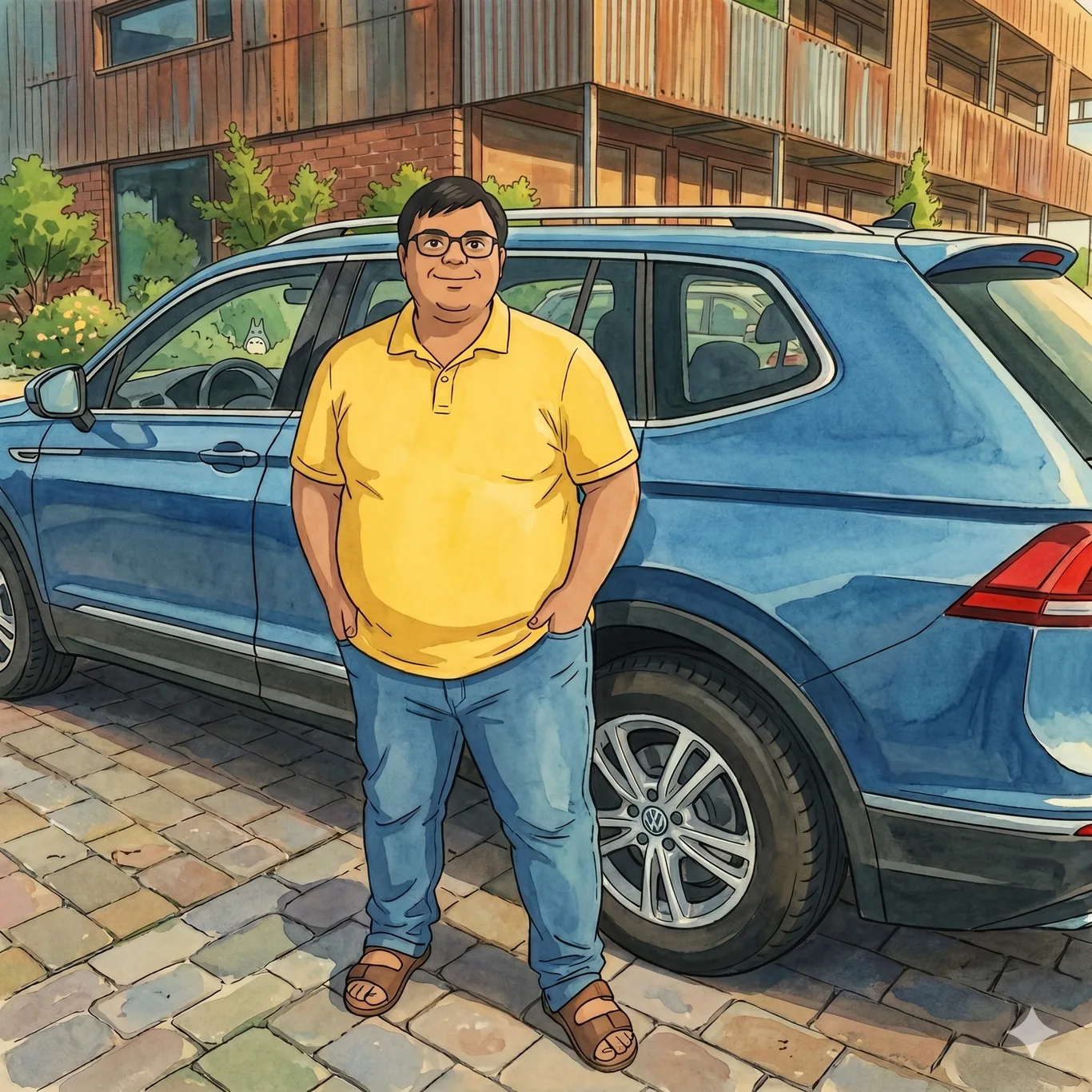 An illustrated scene of Khurram standing beside his blue VW Tiguan outside a modern building.
