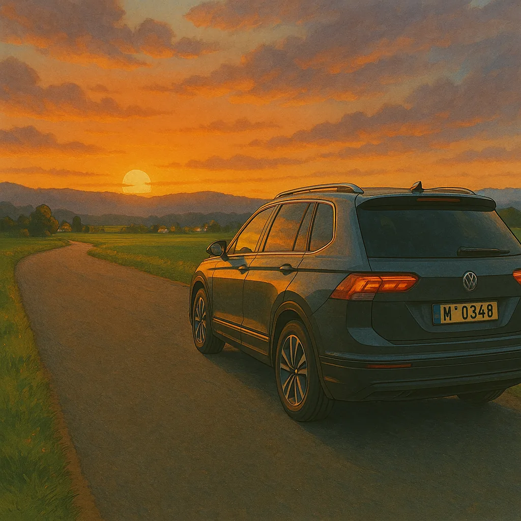 An illustrated view of a dark VW estate on a country road at sunset, heading toward distant hills.