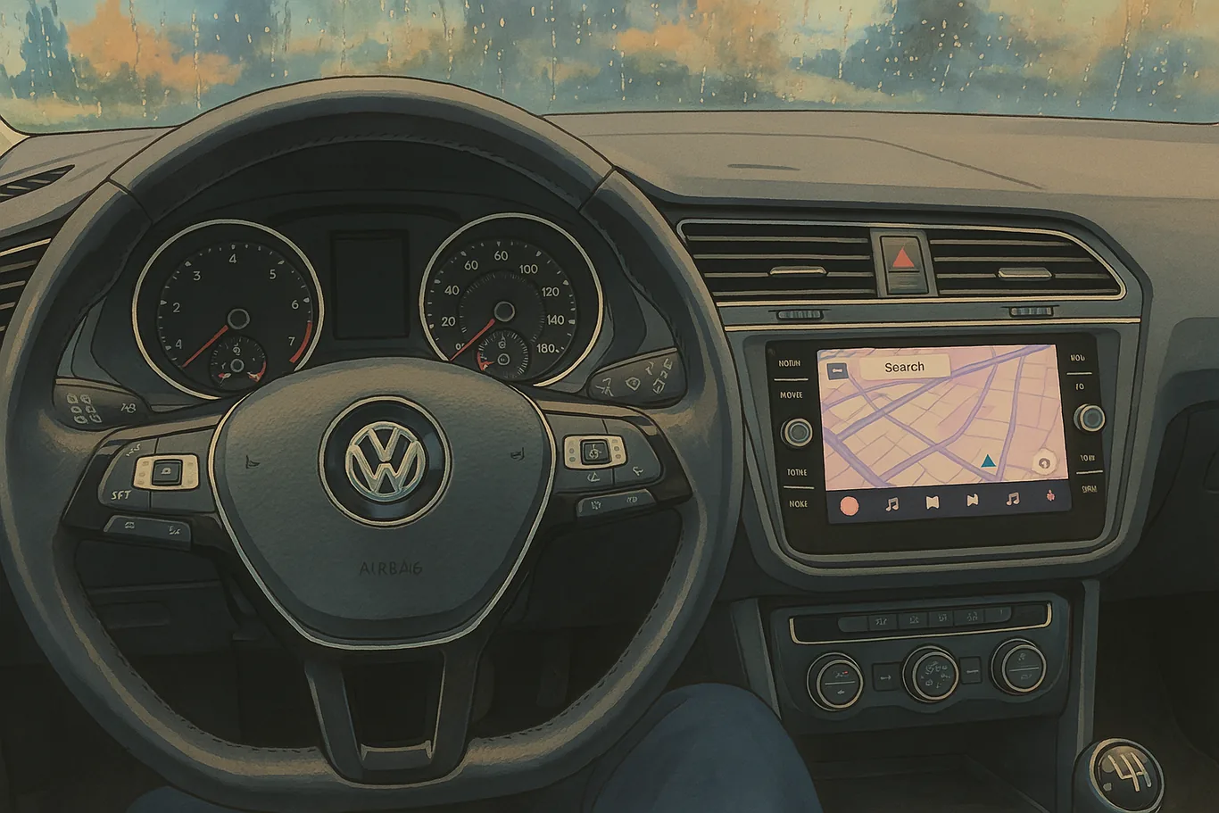 An illustrated view from inside a VW, the dashboard navigation map lit on the centre screen.