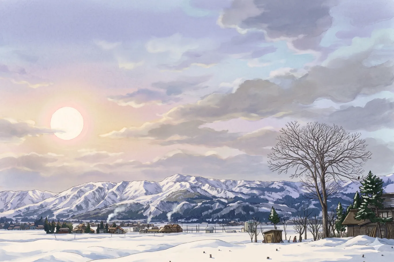 An illustrated snowy valley in rural Japan at first light, a traditional village nestled among the mountains.