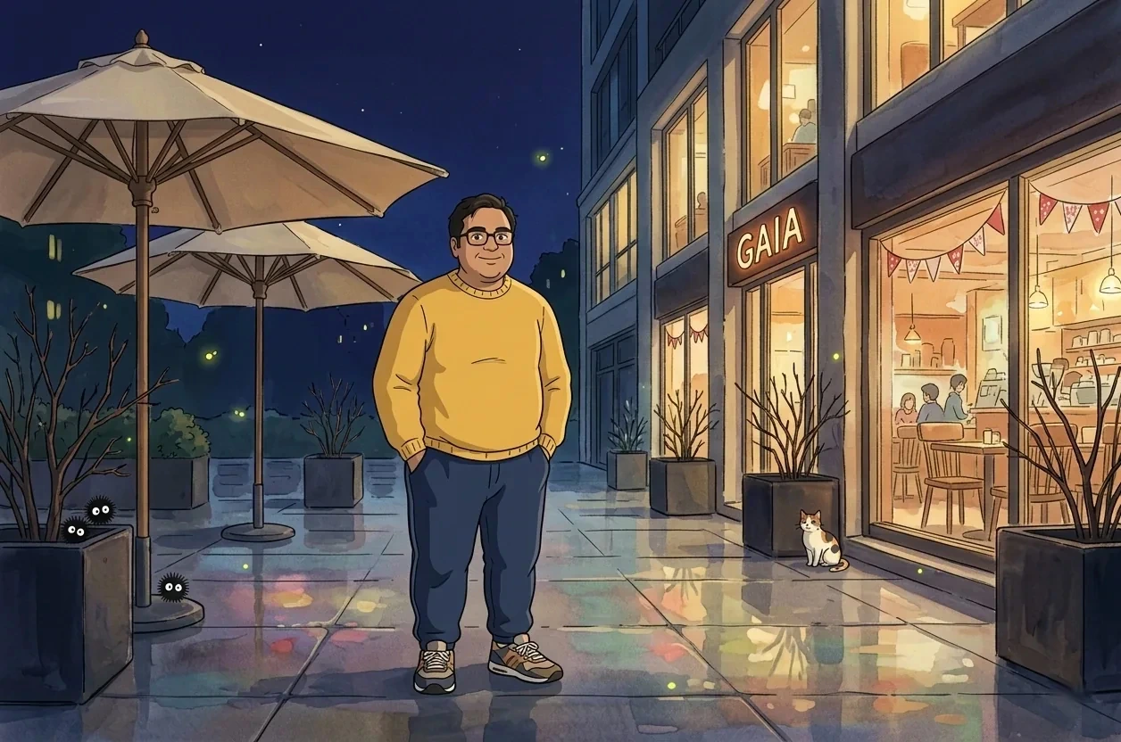 An illustrated scene of Khurram on a Tokyo street at night, with cafe lights and soot sprites around him.
