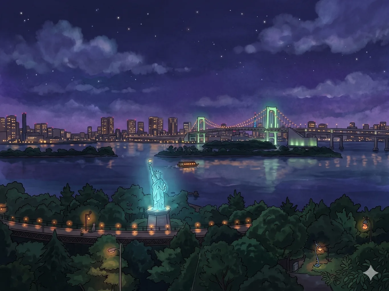 An illustrated night view of Tokyo Bay, the Rainbow Bridge lit over dark water with the city glowing behind.