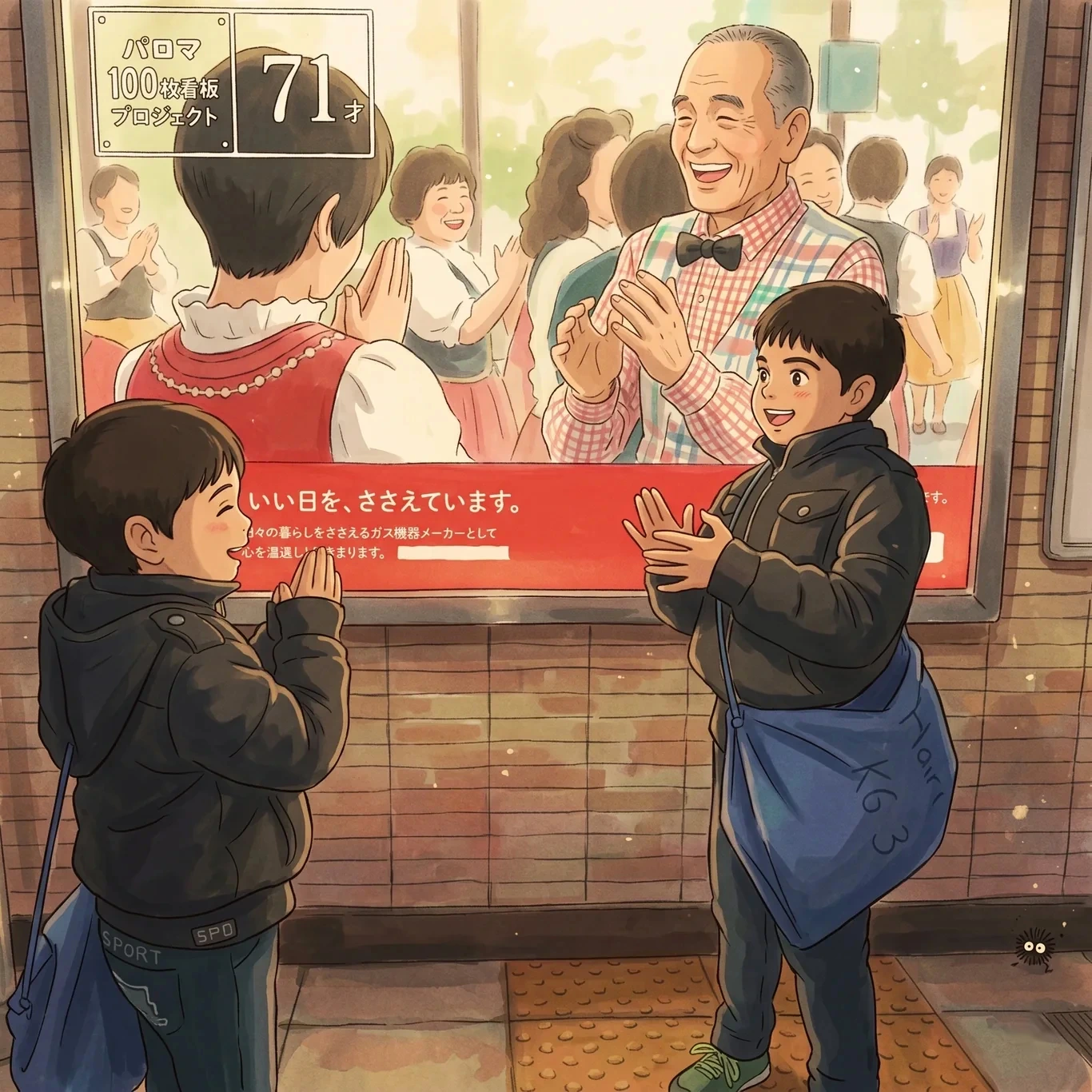 Two boys in a Tokyo station, hands together, looking up at a lit advertisement celebrating an elderly man.