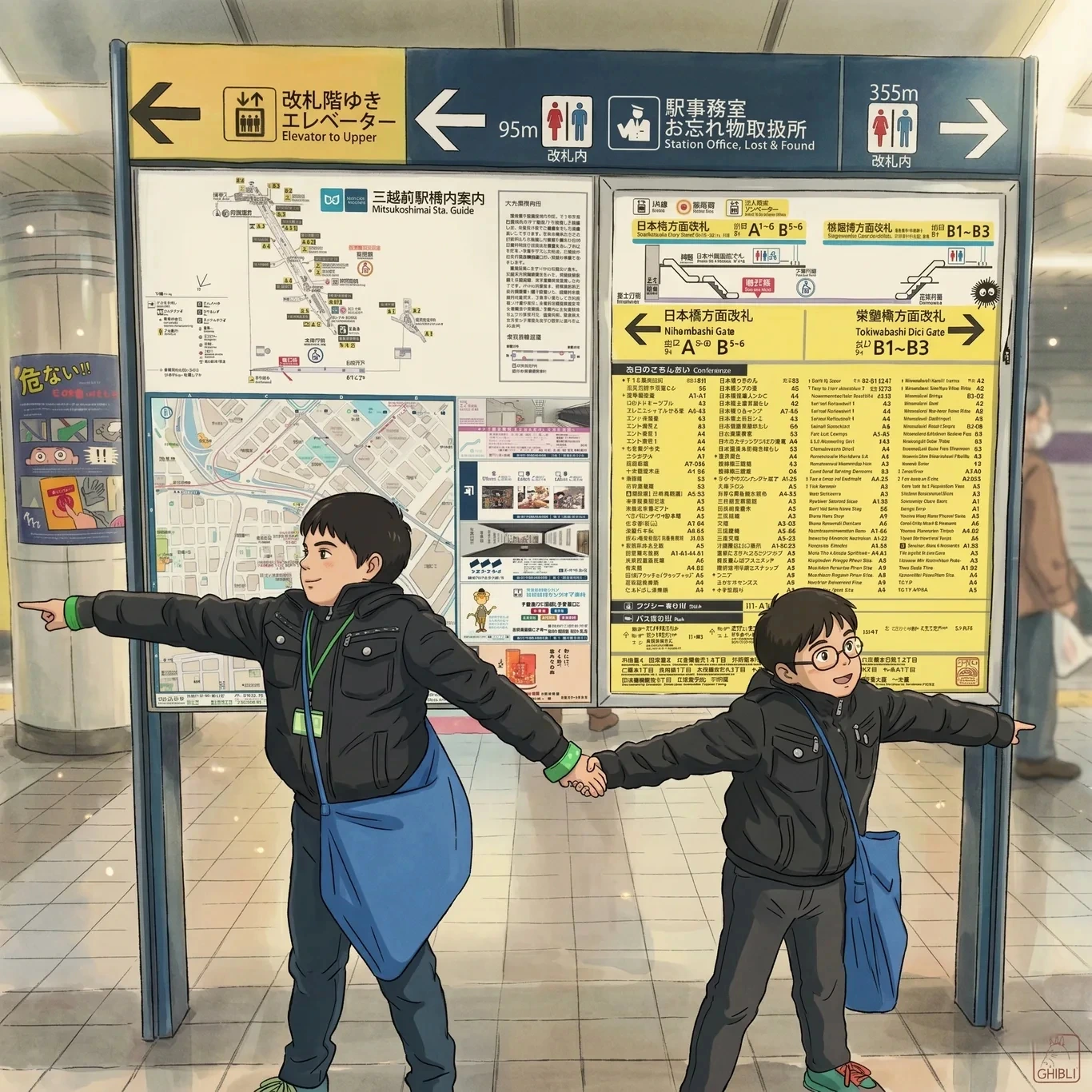 Two of the boys at a Tokyo subway station, posing playfully in front of a large station route map.