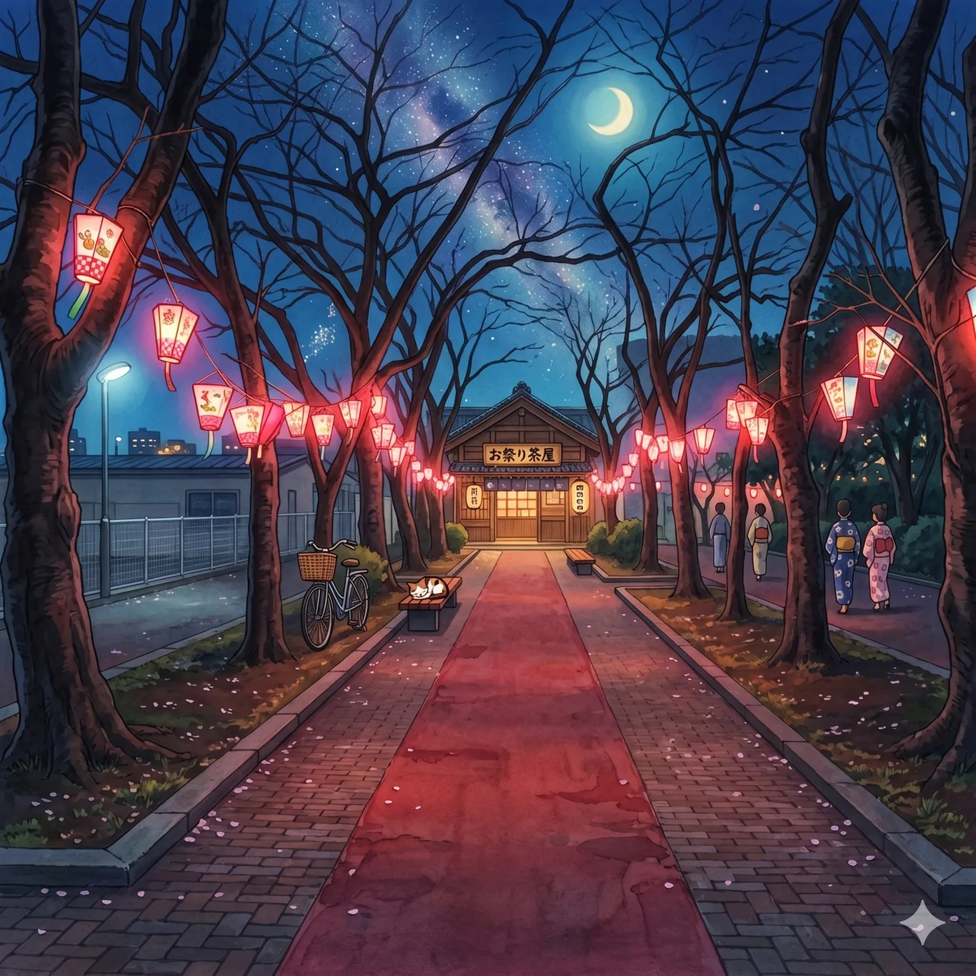 An illustrated night festival lane: red paper lanterns strung between the trees, people in yukata, and a lit festival teahouse under a crescent moon.