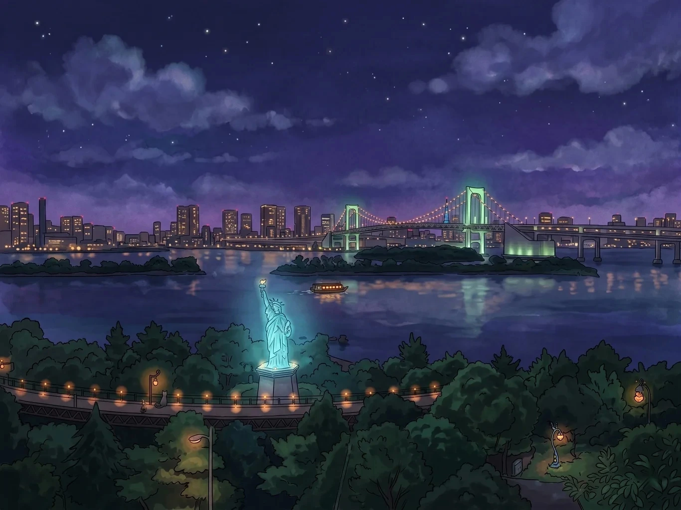 A long suspension bridge lit against the night sky, its lights receding into the distance over dark water