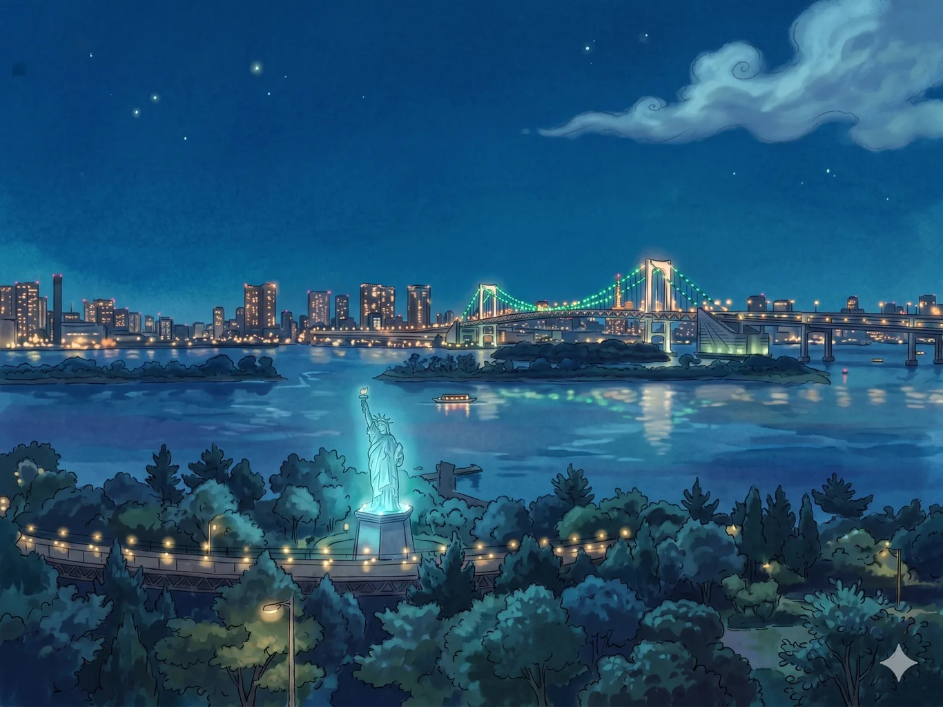 An illustrated night view of Tokyo Bay, with the Rainbow Bridge lit up over dark water and the city glittering behind it.