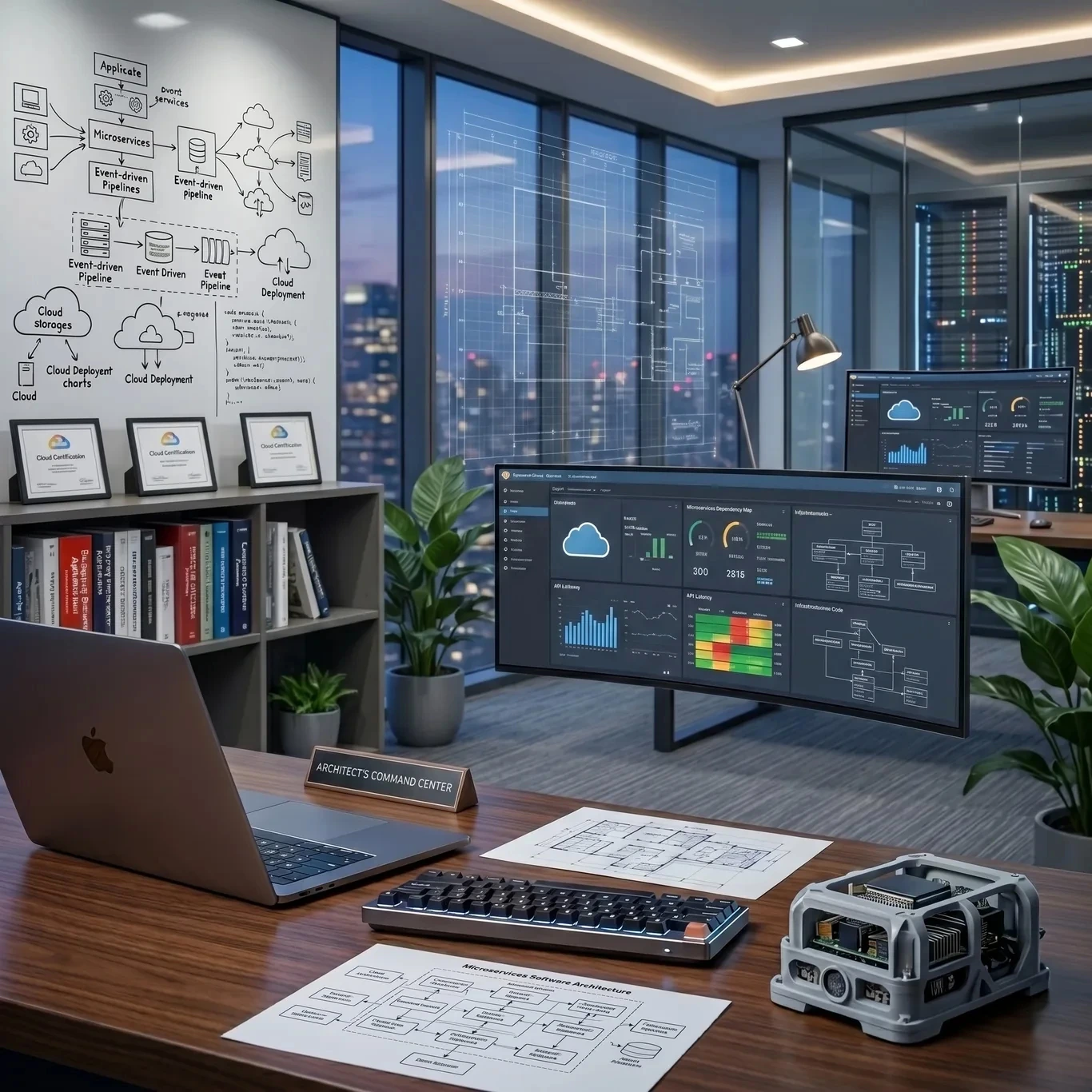 An illustrated cloud architect's command center: live dashboards, a microservices whiteboard, and an edge device on the desk.