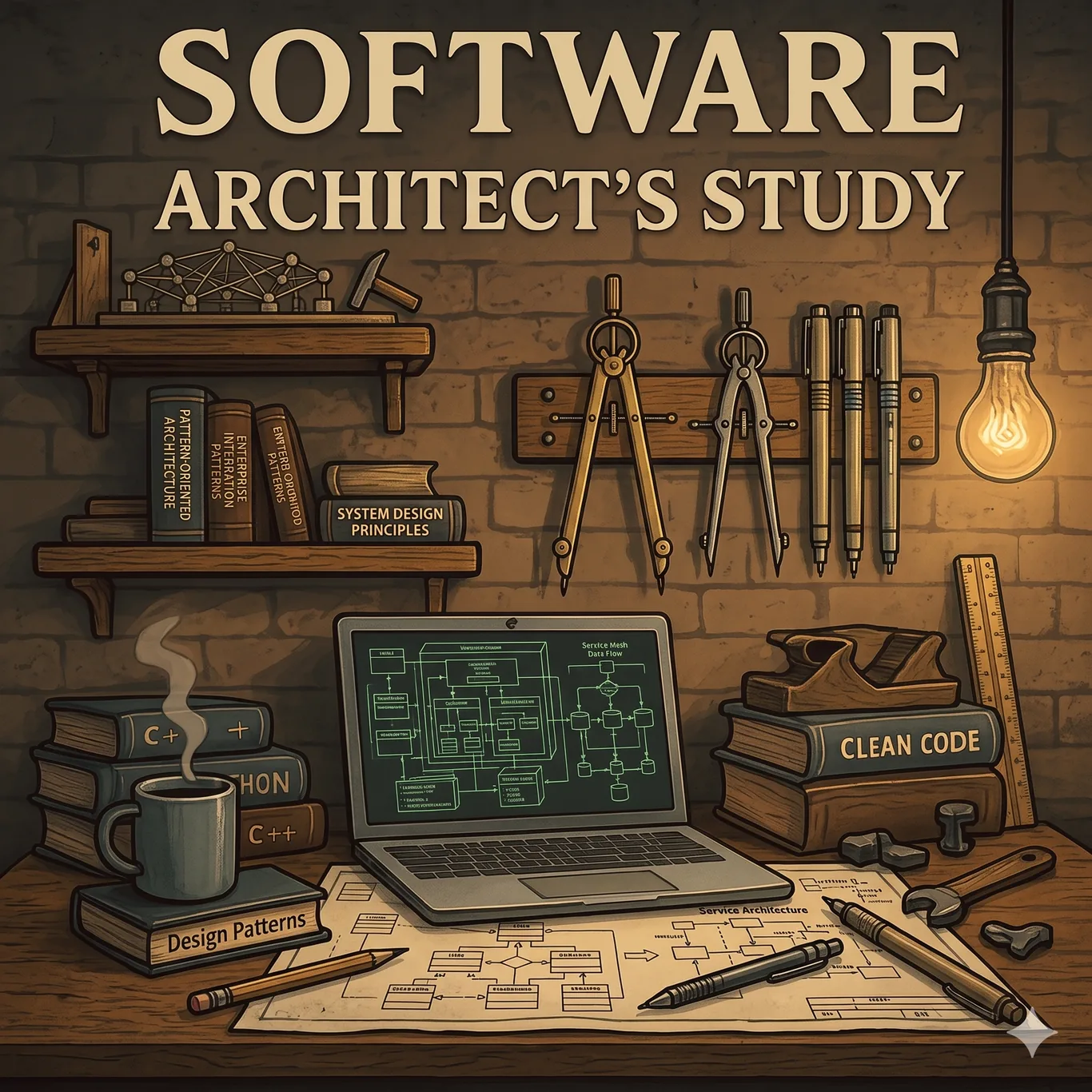 An illustrated architect's study: shelves of architecture books, drafting compasses, and a laptop showing a system flowchart.
