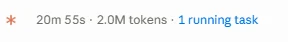 Claude session status: 20 minutes 55 seconds, 2.0 million tokens, one running task.