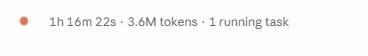 Claude session status bar reading 1 hour 16 minutes, 3.6 million tokens