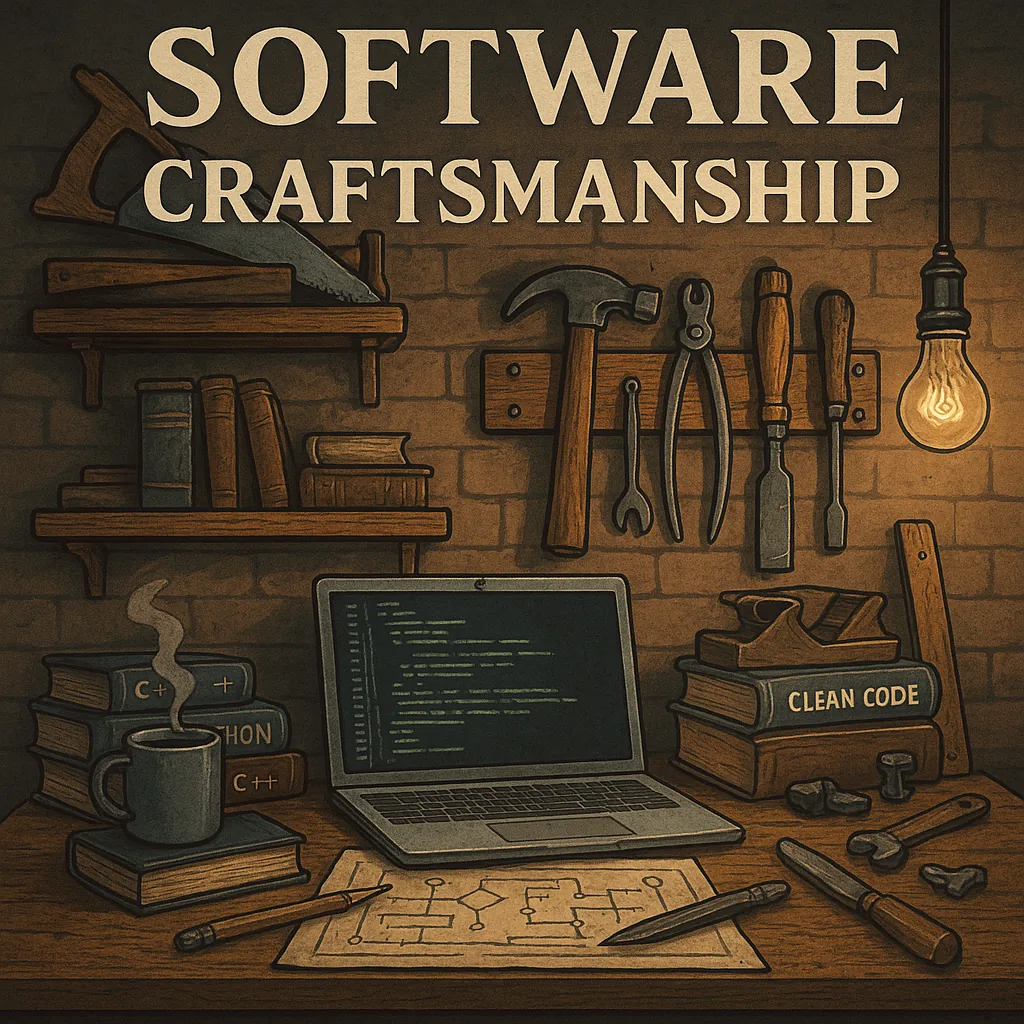 An illustrated software craftsman's bench: tools on the wall, Clean Code on the shelf, a laptop, and a blueprint.