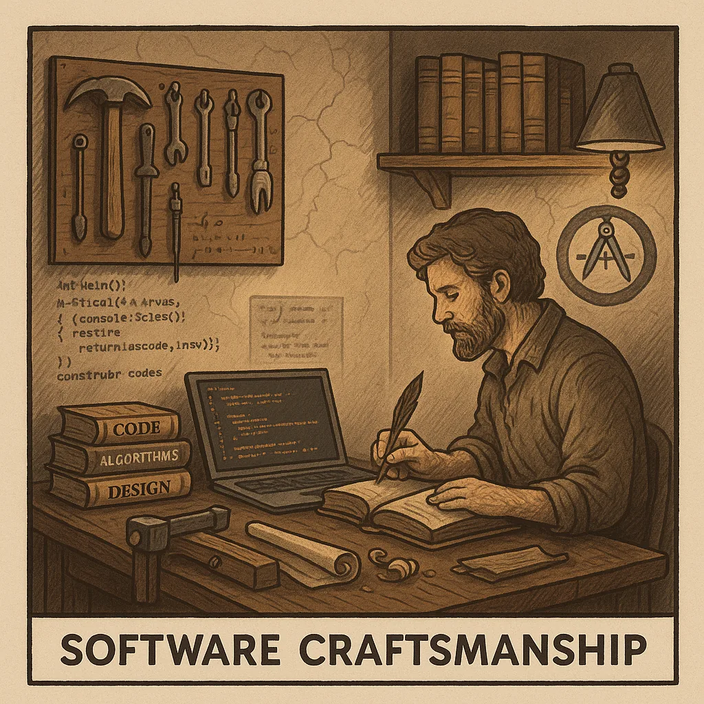 An illustrated maker at a tooled desk, writing by lamplight beside code and well-worn books.
