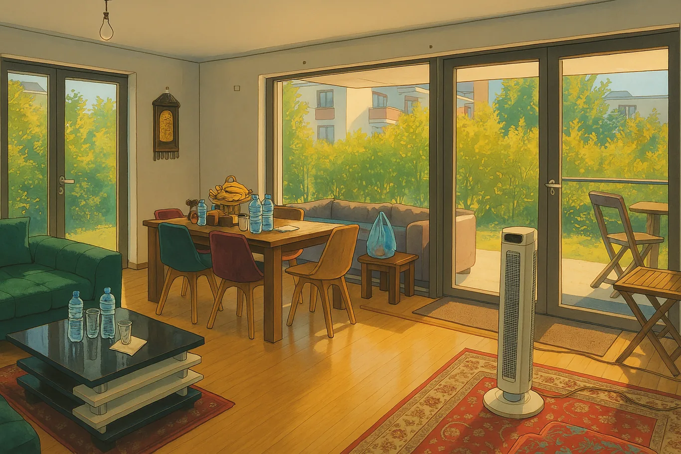 Ghibli-style illustration of a sunlit living and dining room with a garden view, a green sofa, and a wooden dining table.