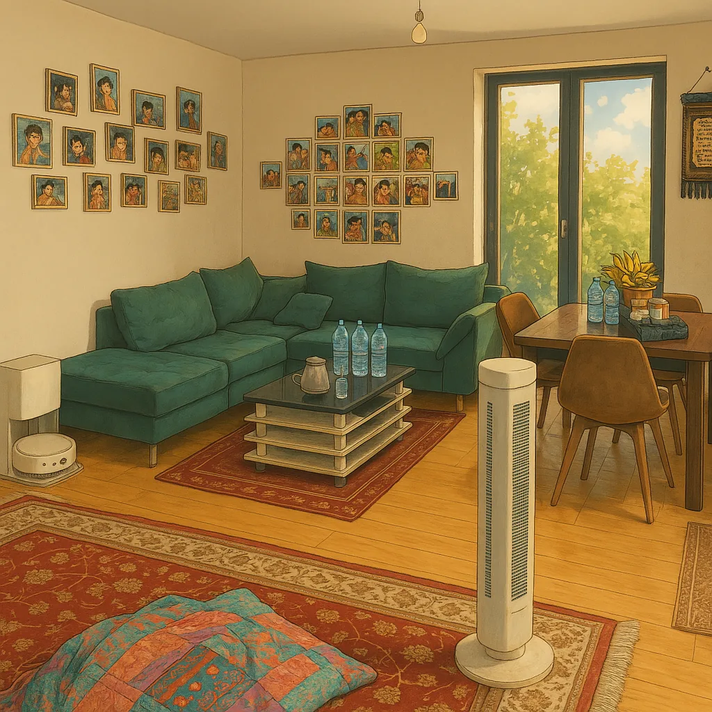 Ghibli-style illustration of a sunlit living and dining room with a garden view, a sofa, a dining table, and a patterned rug.