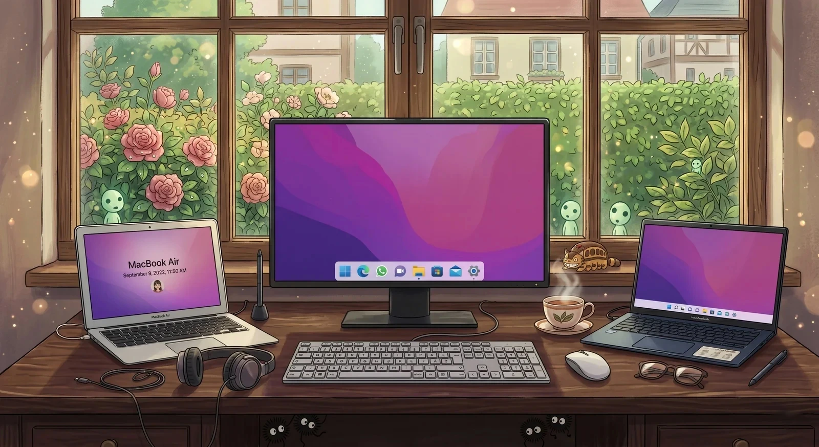 Ghibli-style illustration of the desk by the window – two laptops flanking the main monitor, a keyboard, glasses, and a steaming cup of coffee, with roses and European rooftops outside