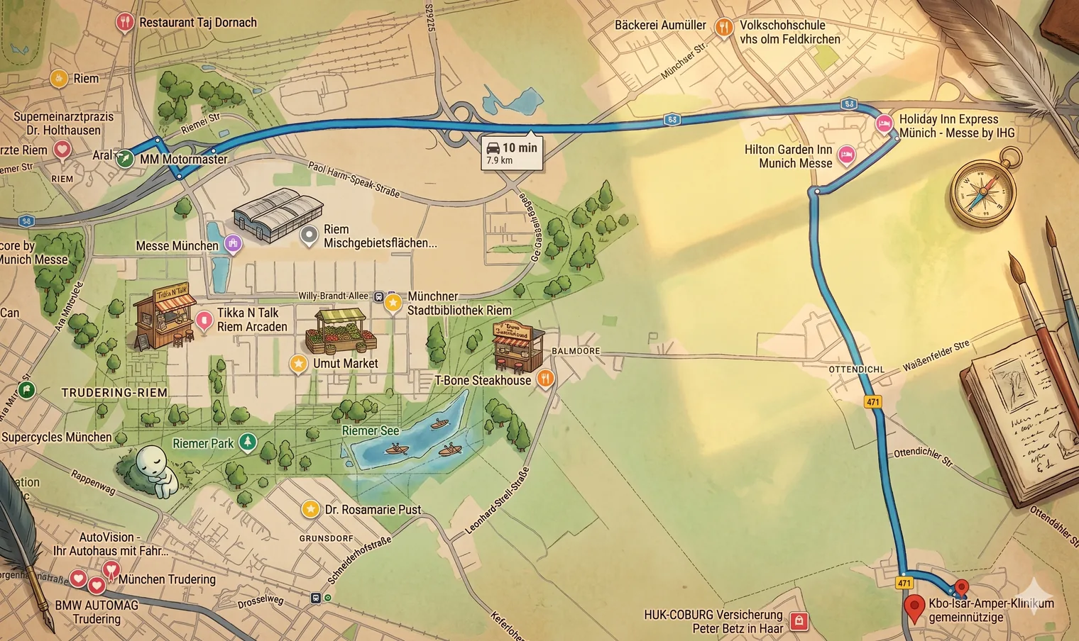 An illustrated map of the short drive from a petrol station in Riem to the Klinikum in Haar, marked ten minutes and 7.9 kilometres.