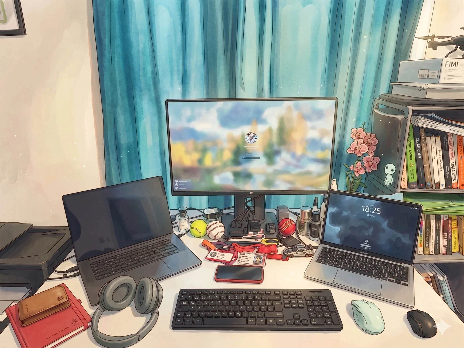 Ghibli-style illustration of the desk – a central monitor with a watercolour landscape, a laptop on each side, a mechanical keyboard, headphones, and a bookshelf with a small forest spirit by the curtained window