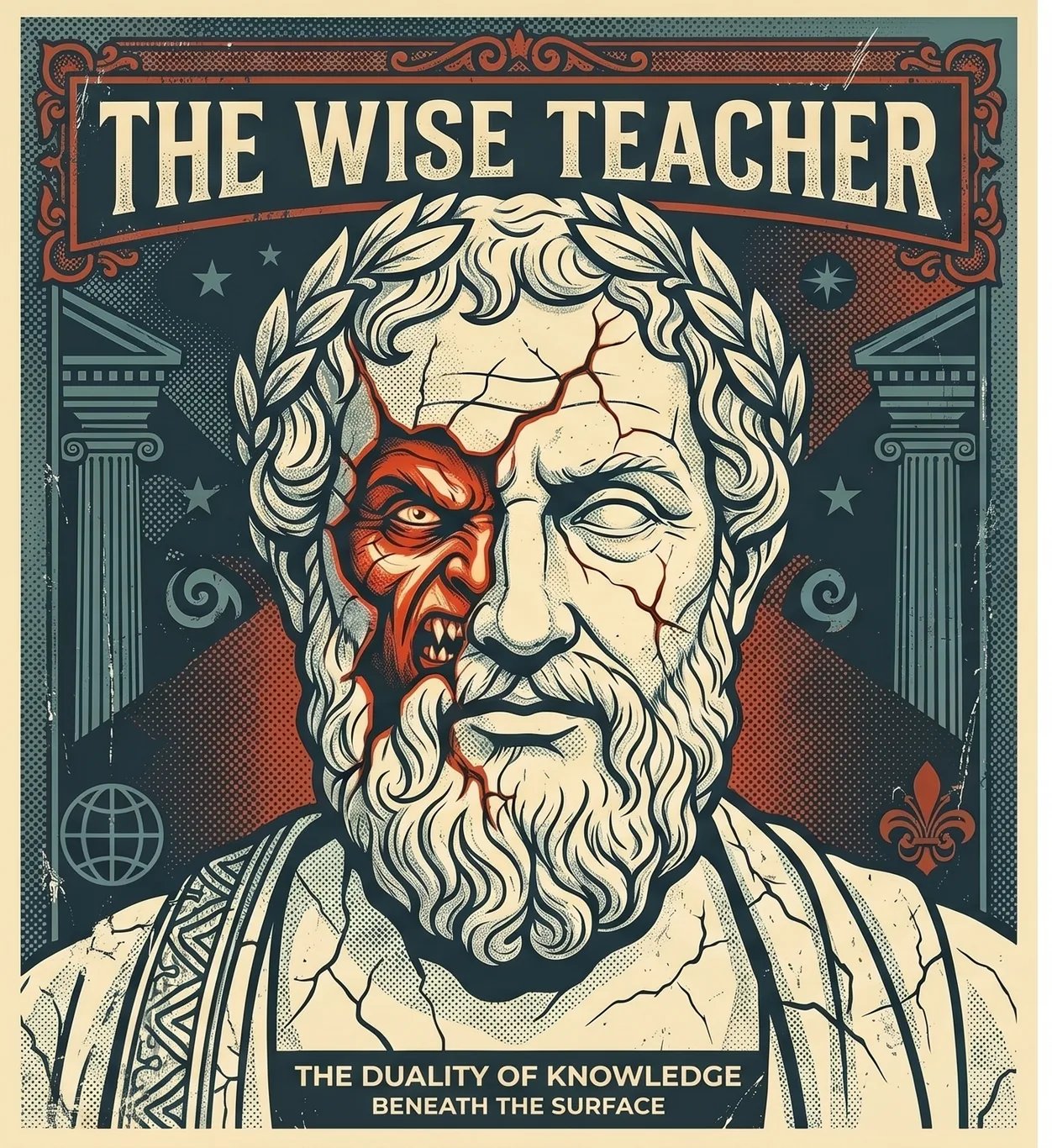 An illustrated poster, The Wise Teacher: a classical philosopher's bust with a second, darker face emerging, captioned the duality of knowledge beneath the surface.