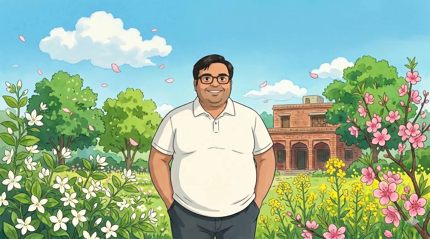 An illustrated scene of Khurram in a blossoming Pakistani garden, a heritage building behind him.