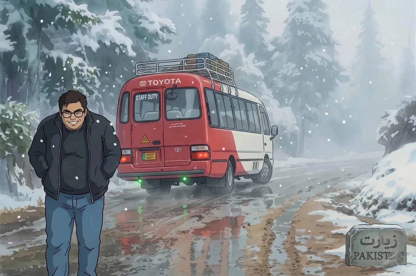 An illustrated scene of Khurram on a snowy mountain road in Ziarat, Pakistan, beside a red staff bus.