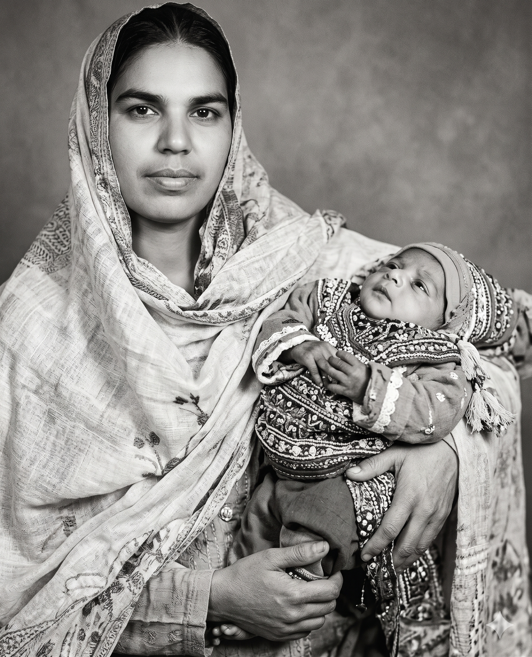 Mother holding newborn Khurram in her arms, 1979 — black and white