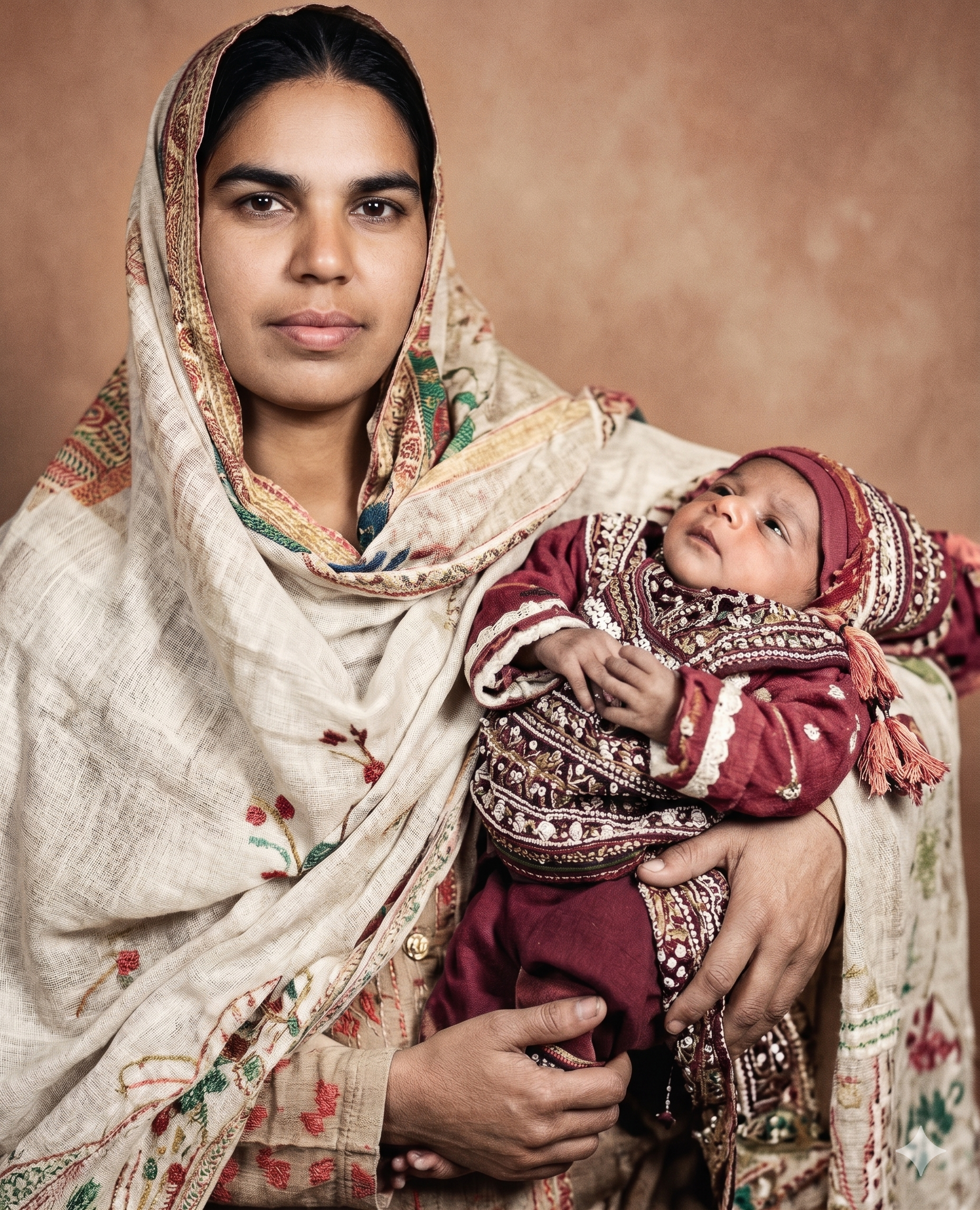 Mother holding newborn Khurram in her arms, 1979 — colour