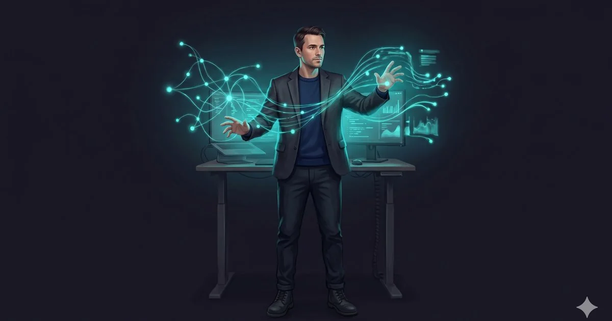 A software engineer shaping a luminous teal field of neural connections and data rising from the screens, building with AI.
