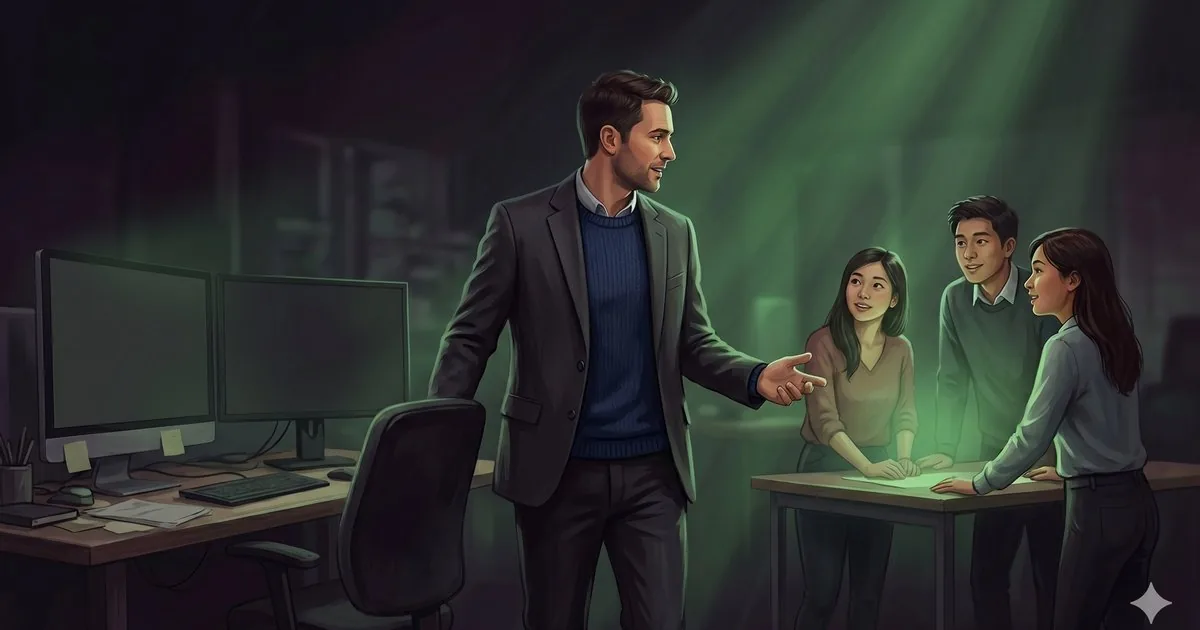 A software engineer turning from a desk of monitors toward a small team he is guiding, lit in green.