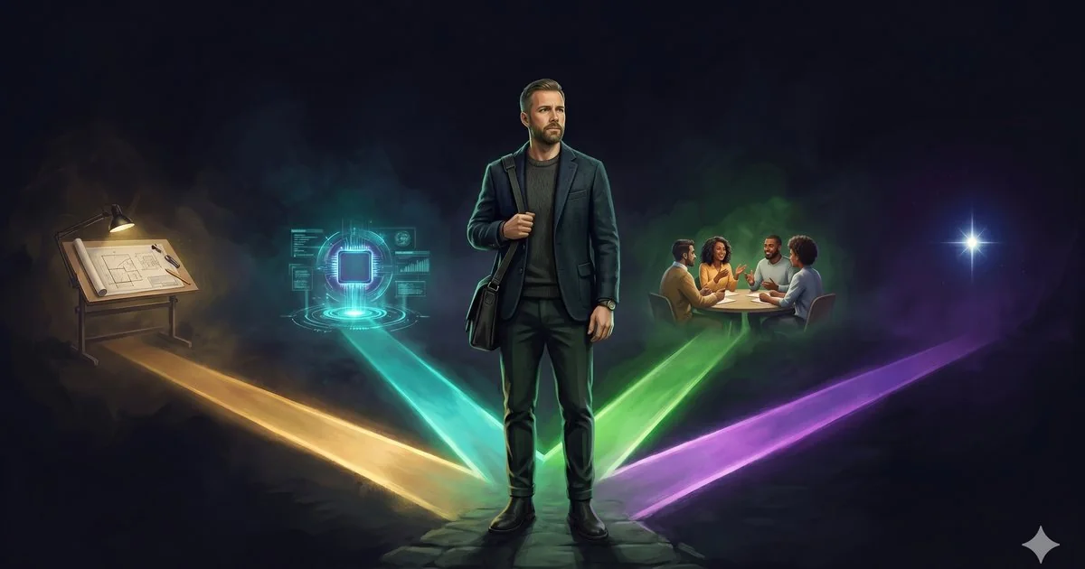 A software engineer at a fork of four glowing coloured paths leading toward a drafting table, an AI core, a team, and a north-star.